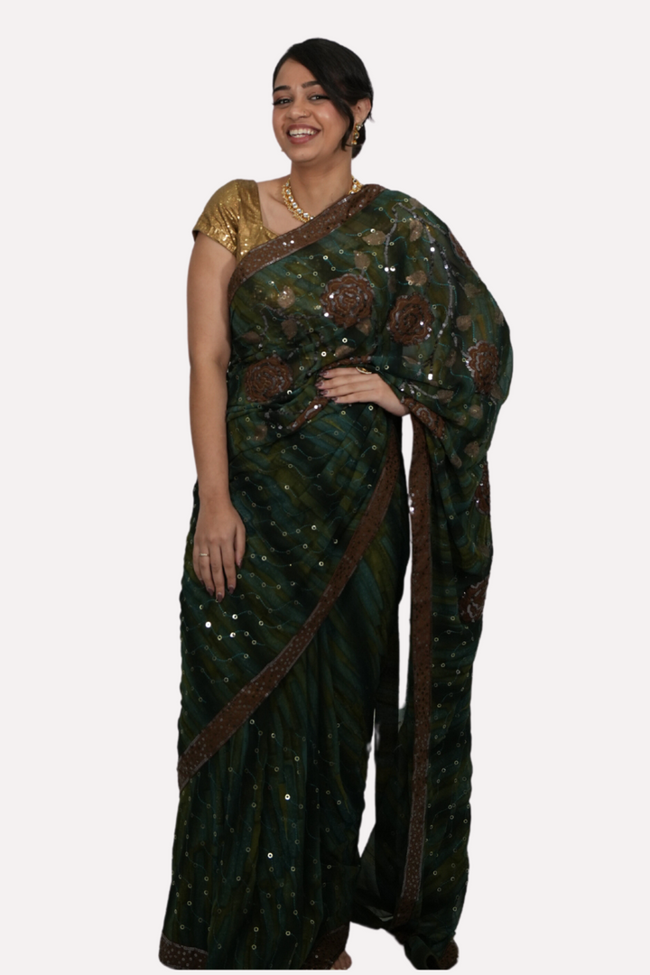 Dark green sequins Saree