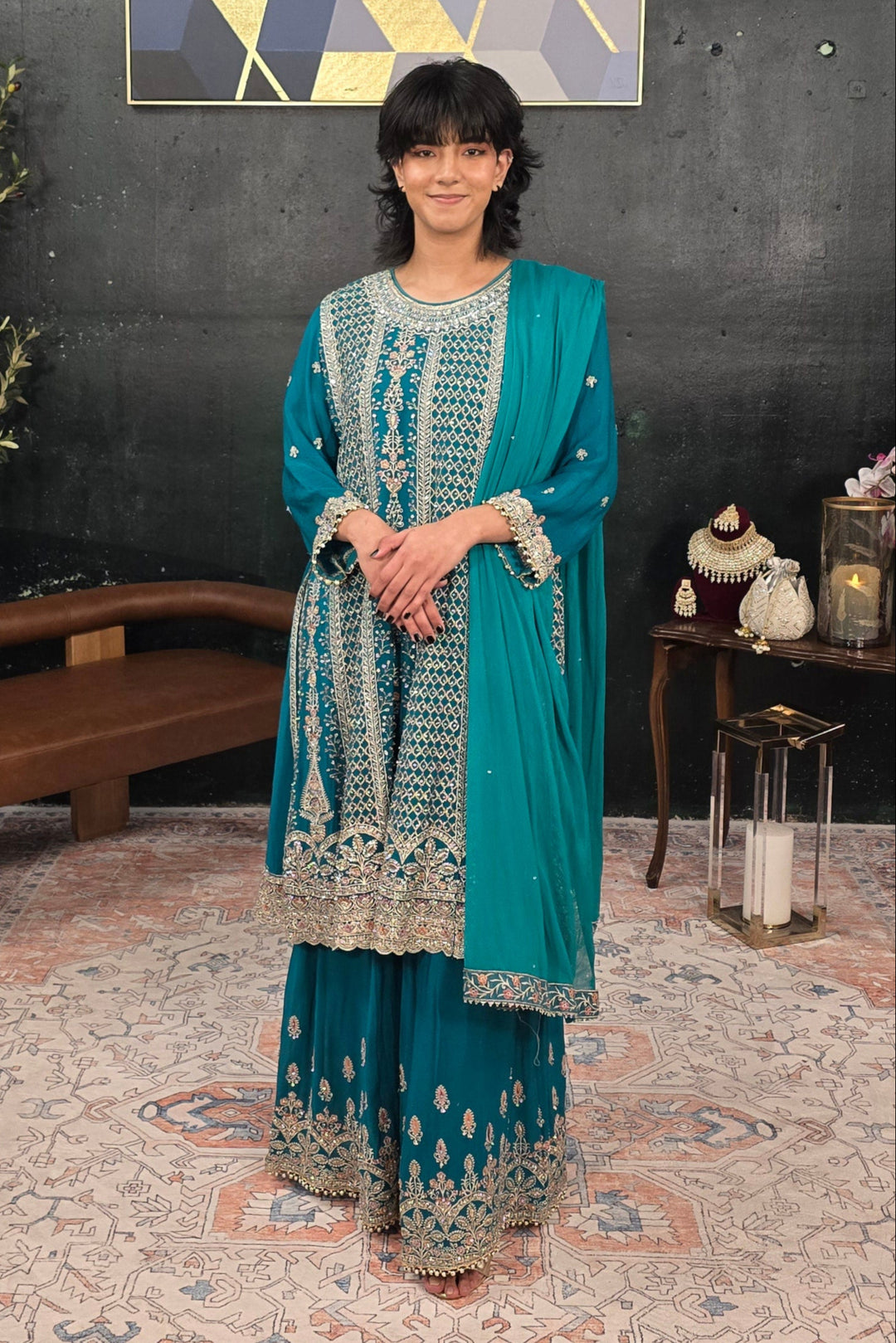 Green swarovski georgette Salwar Kameez