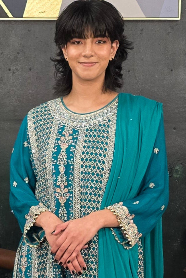 Green swarovski georgette Salwar Kameez