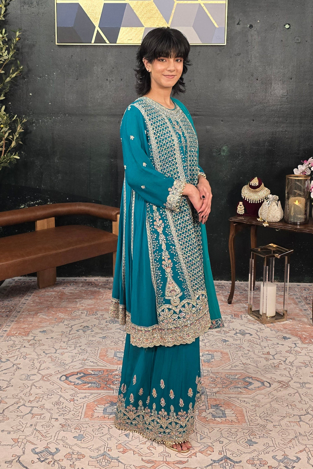 Green swarovski georgette Salwar Kameez