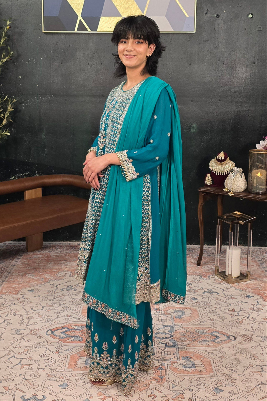 Green swarovski georgette Salwar Kameez