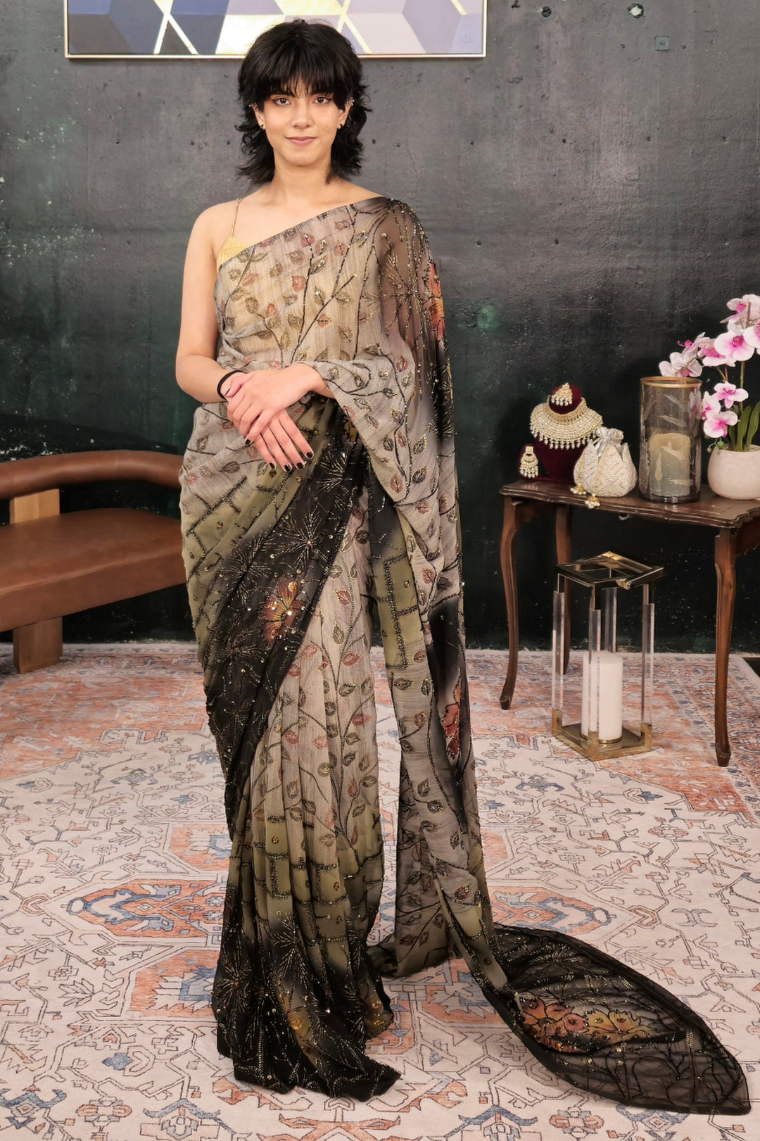 Dark Black & Gray Sequins Saree