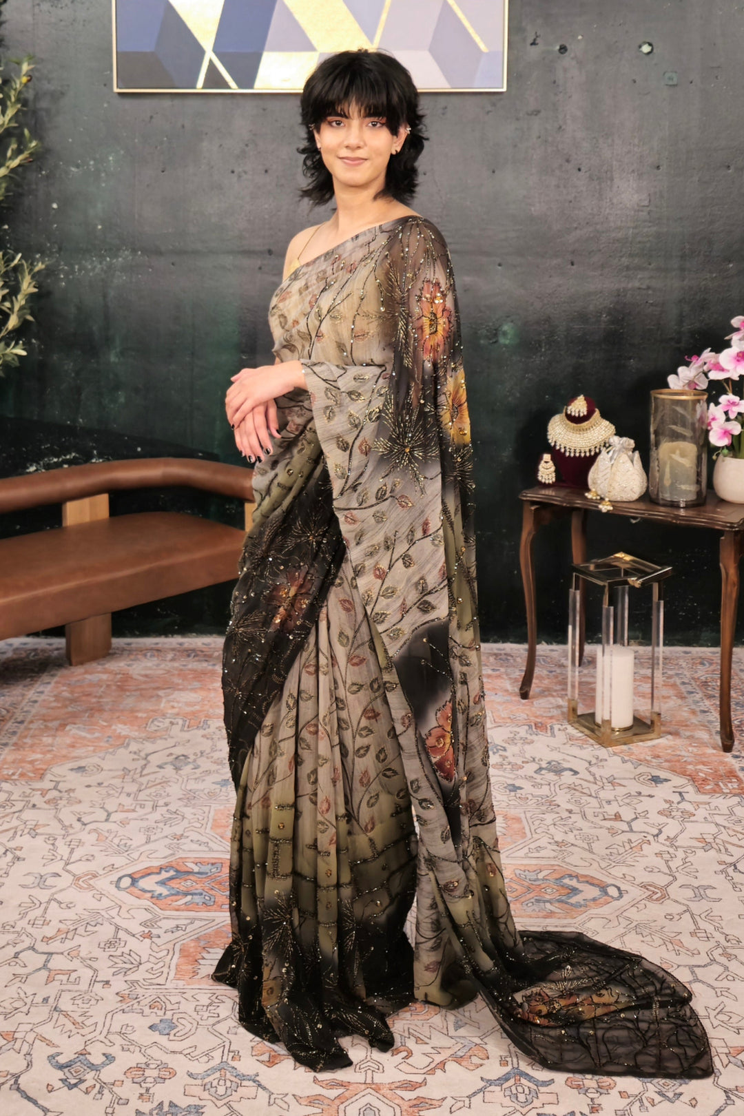 Dark Black & Gray Sequins Saree