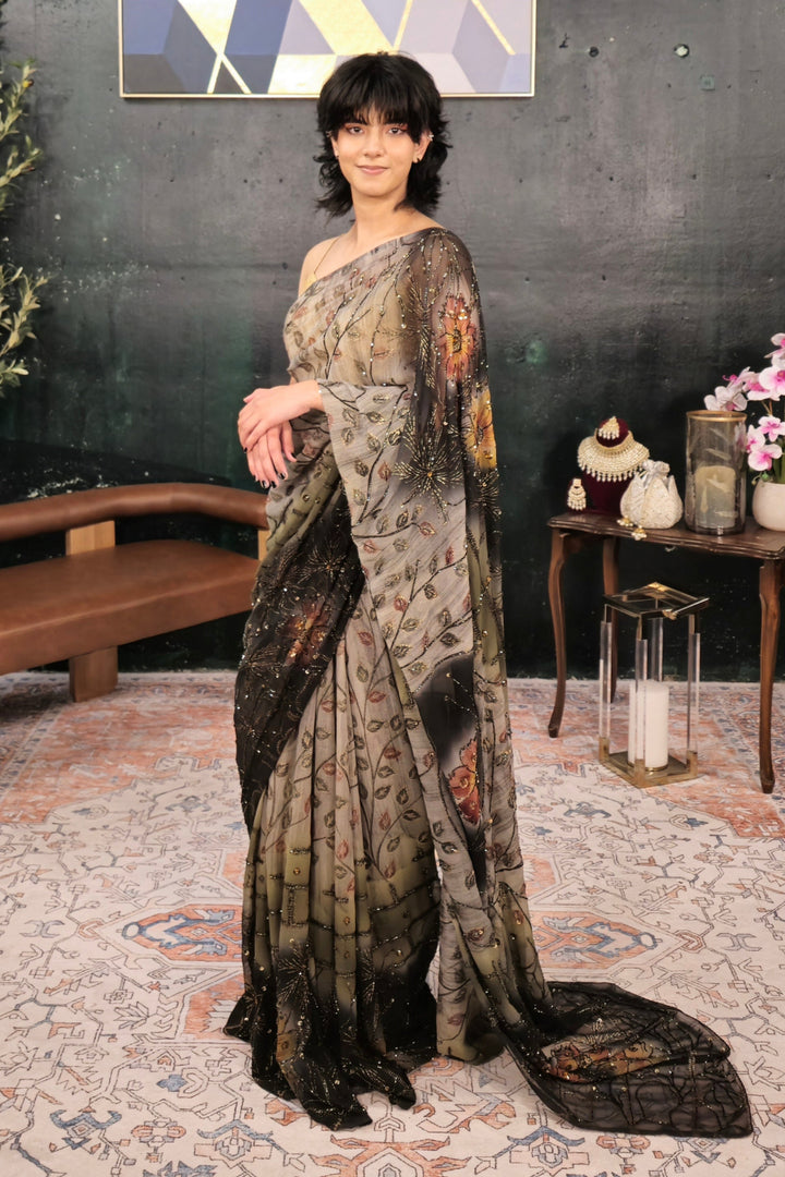 Dark Black & Gray Sequins Saree