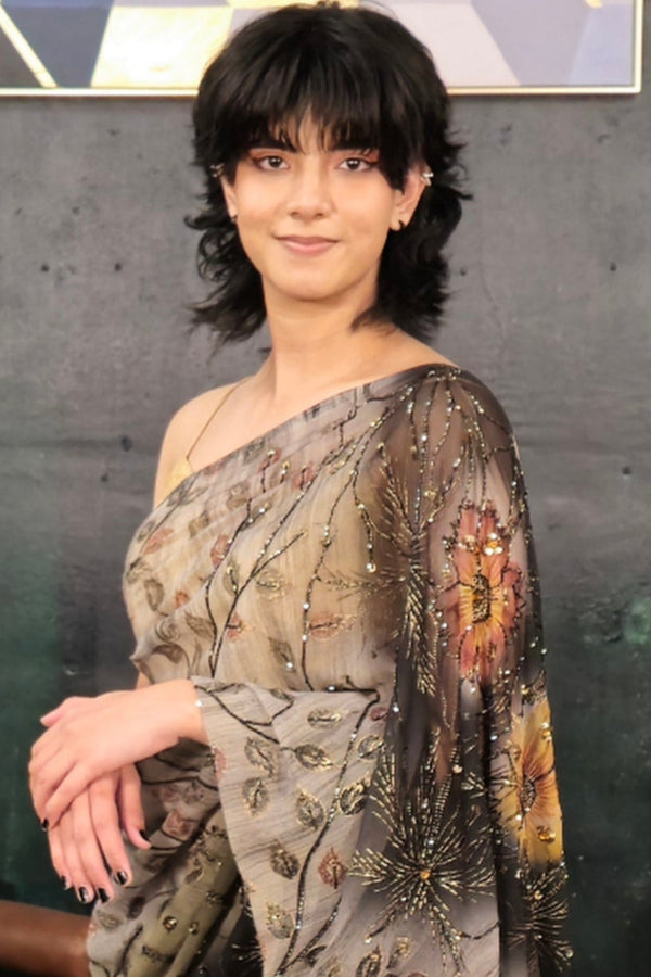 Dark Black & Gray Sequins Saree