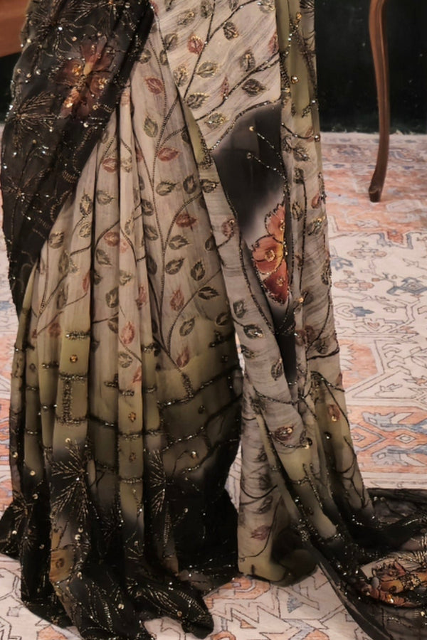 Dark Black & Gray Sequins Saree
