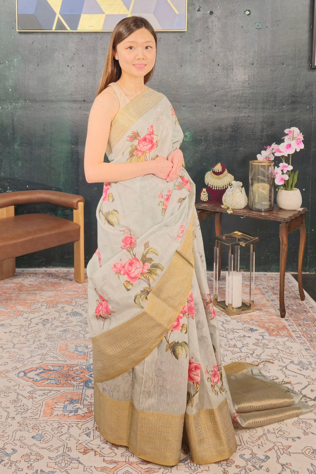 Mint Green Floral Handloom Saree