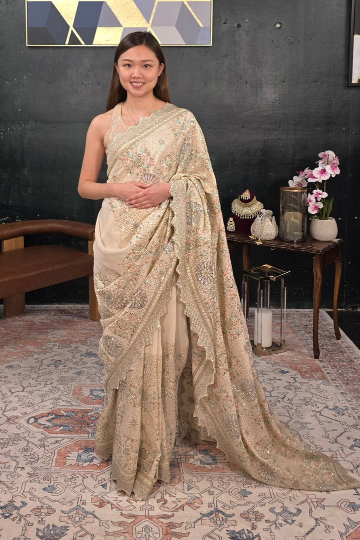 Cream Heavy sequins Embroidery Saree