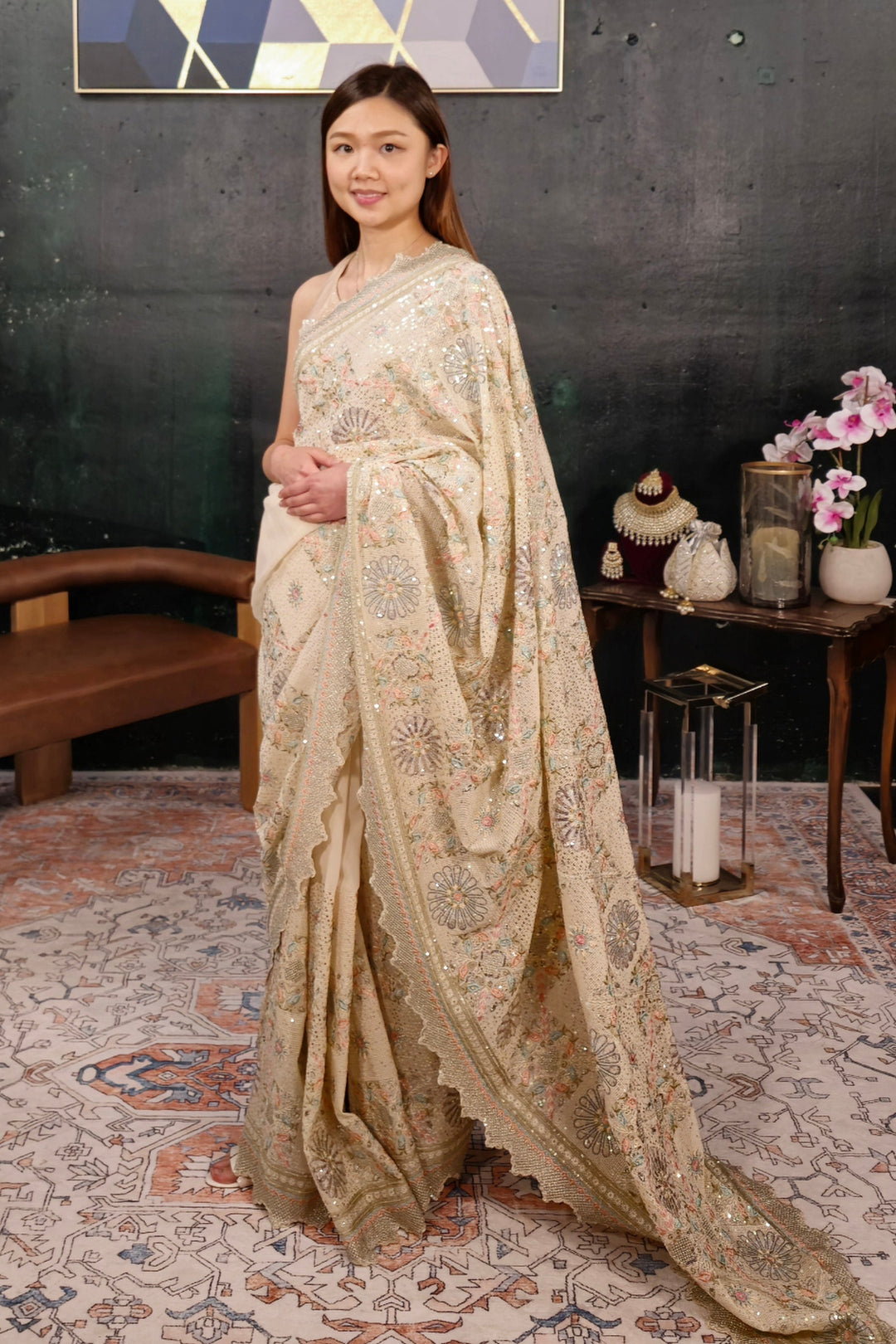 Cream Heavy sequins Embroidery Saree