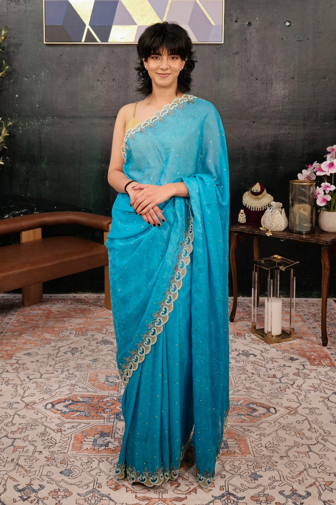 Light Blue Pearl-Sequins Embroidery Saree