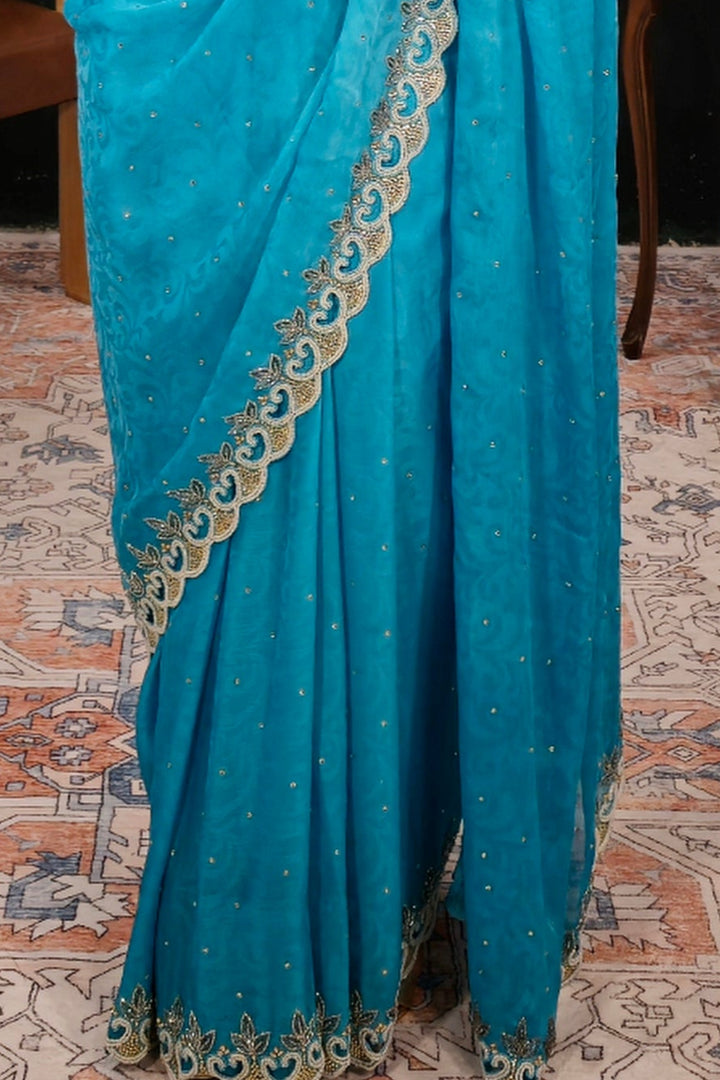 Light Blue Pearl-Sequins Embroidery Saree