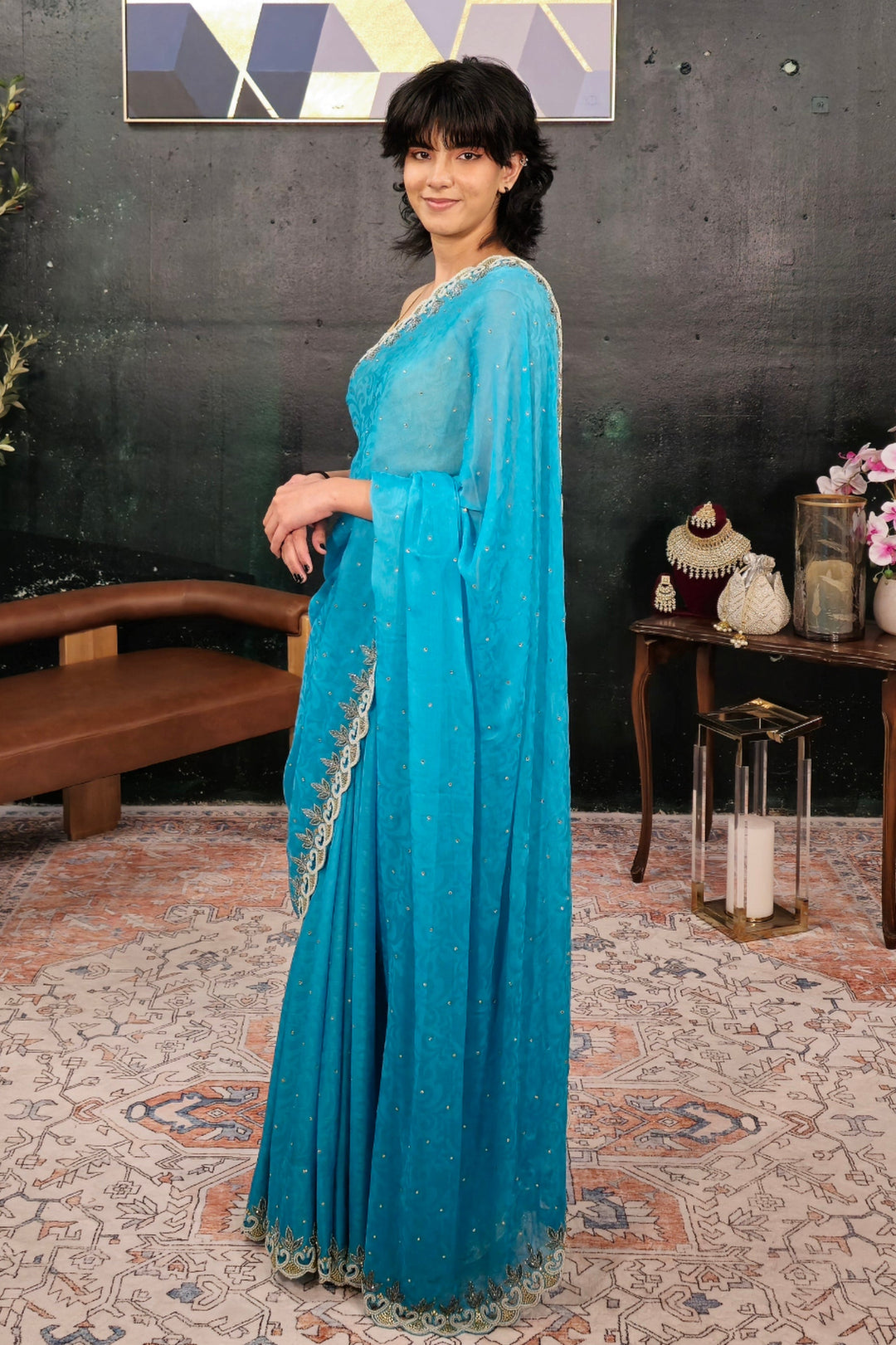 Light Blue Pearl-Sequins Embroidery Saree