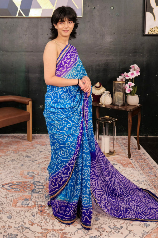 Block Print Blue and Purple Bandhani Saree (Outside Ontario)