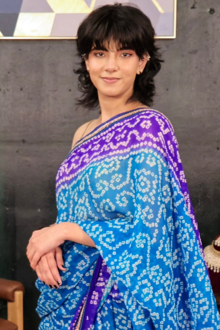 Block Print Blue and Purple Bandhani Saree (Outside Ontario)