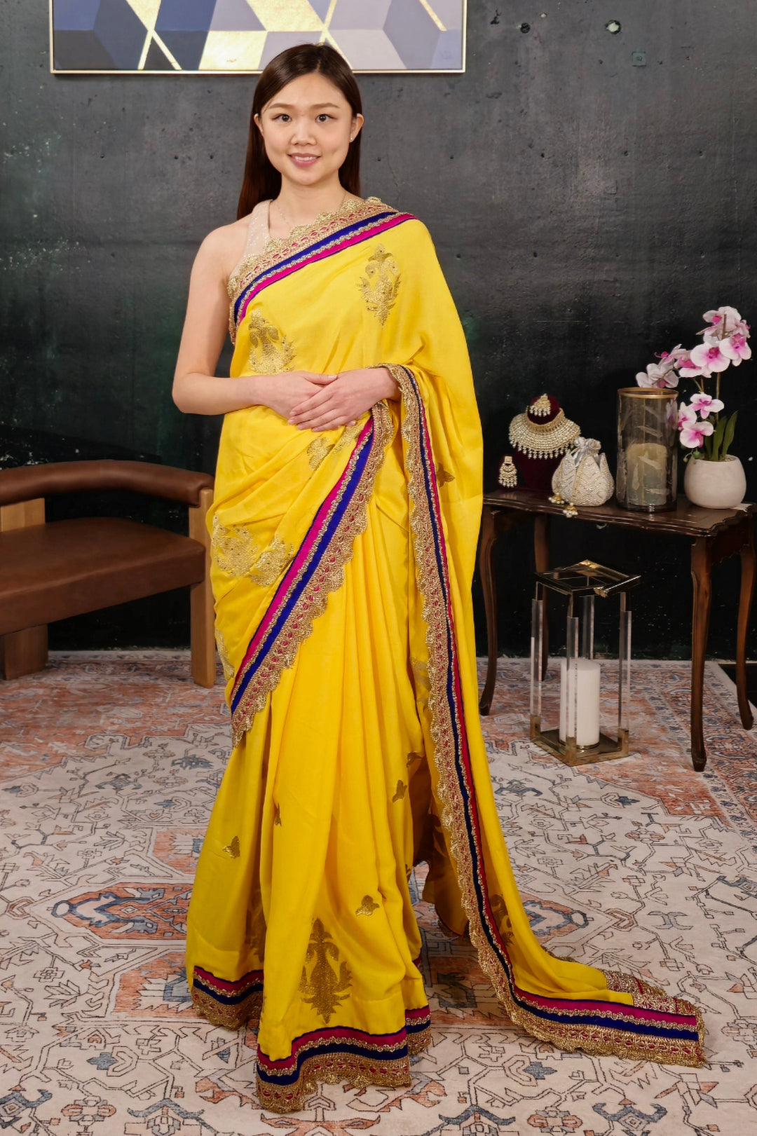 Yellow Georgette Embroidered Saree