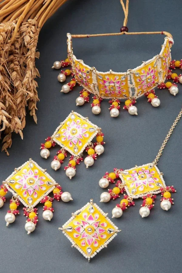 Yellow Pink Stone-Beaded Meenakari Choker Necklace Jewellery Set