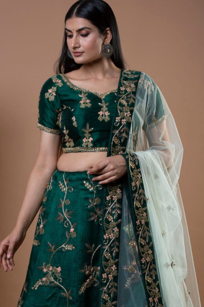 DEEP GREEN CREPE SILK LEHENGA