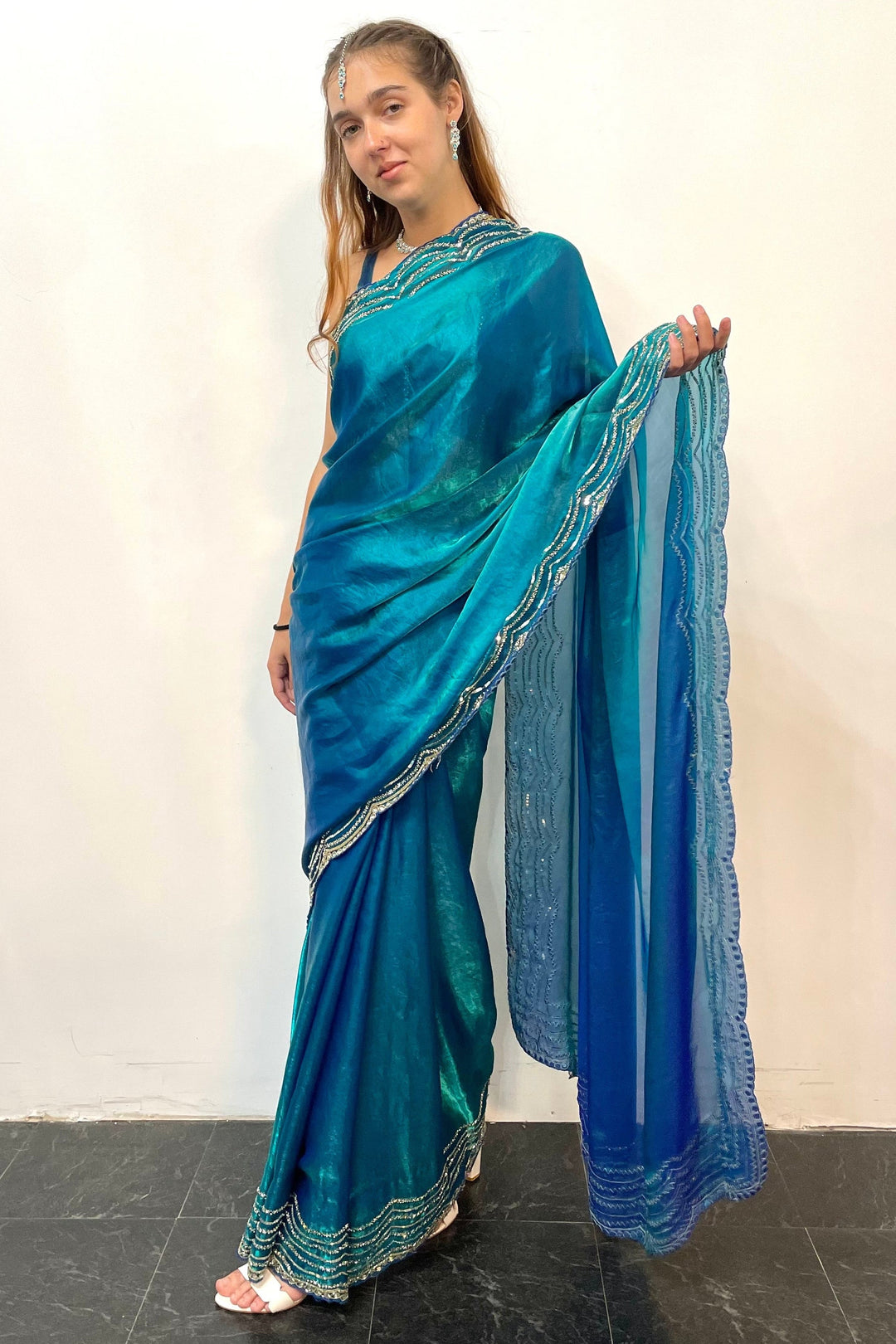 Glass tissue Blue Saree