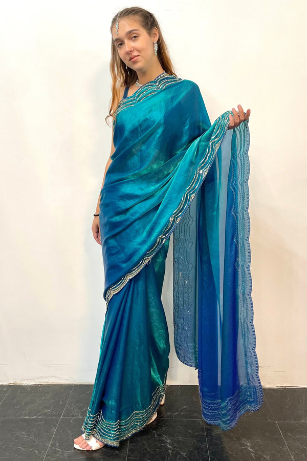 Glass tissue Blue Saree