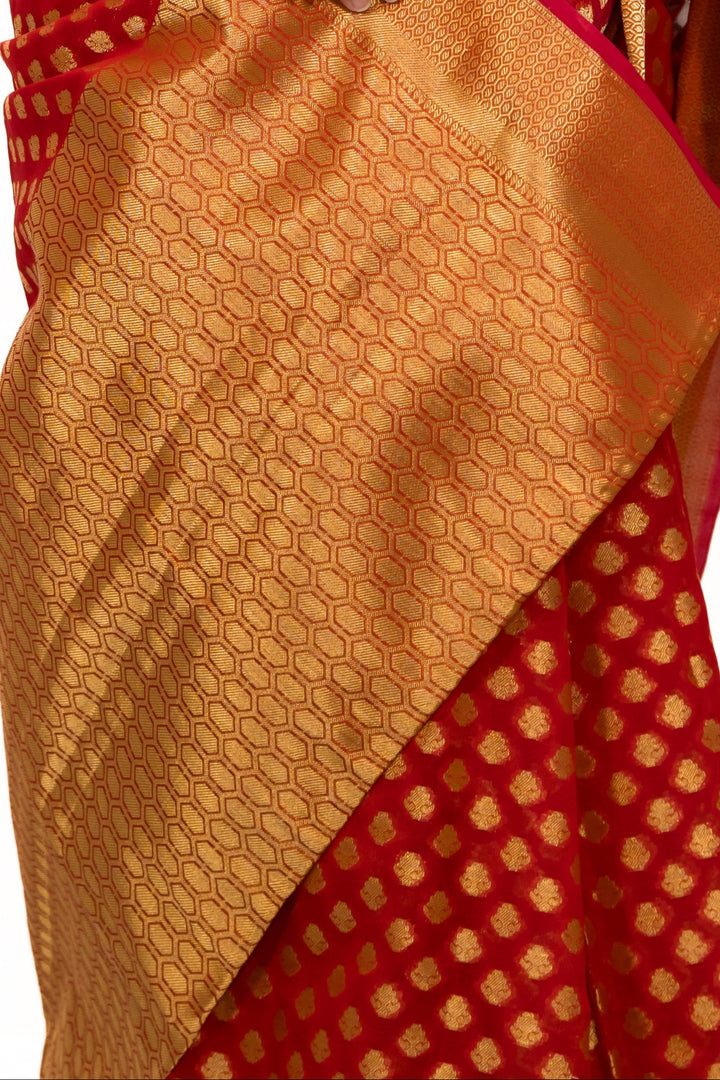 Red polka dot zari work Saree