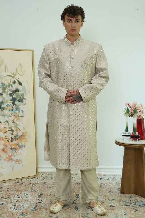 Champagne Mirrorwork Diamond Sherwani Set