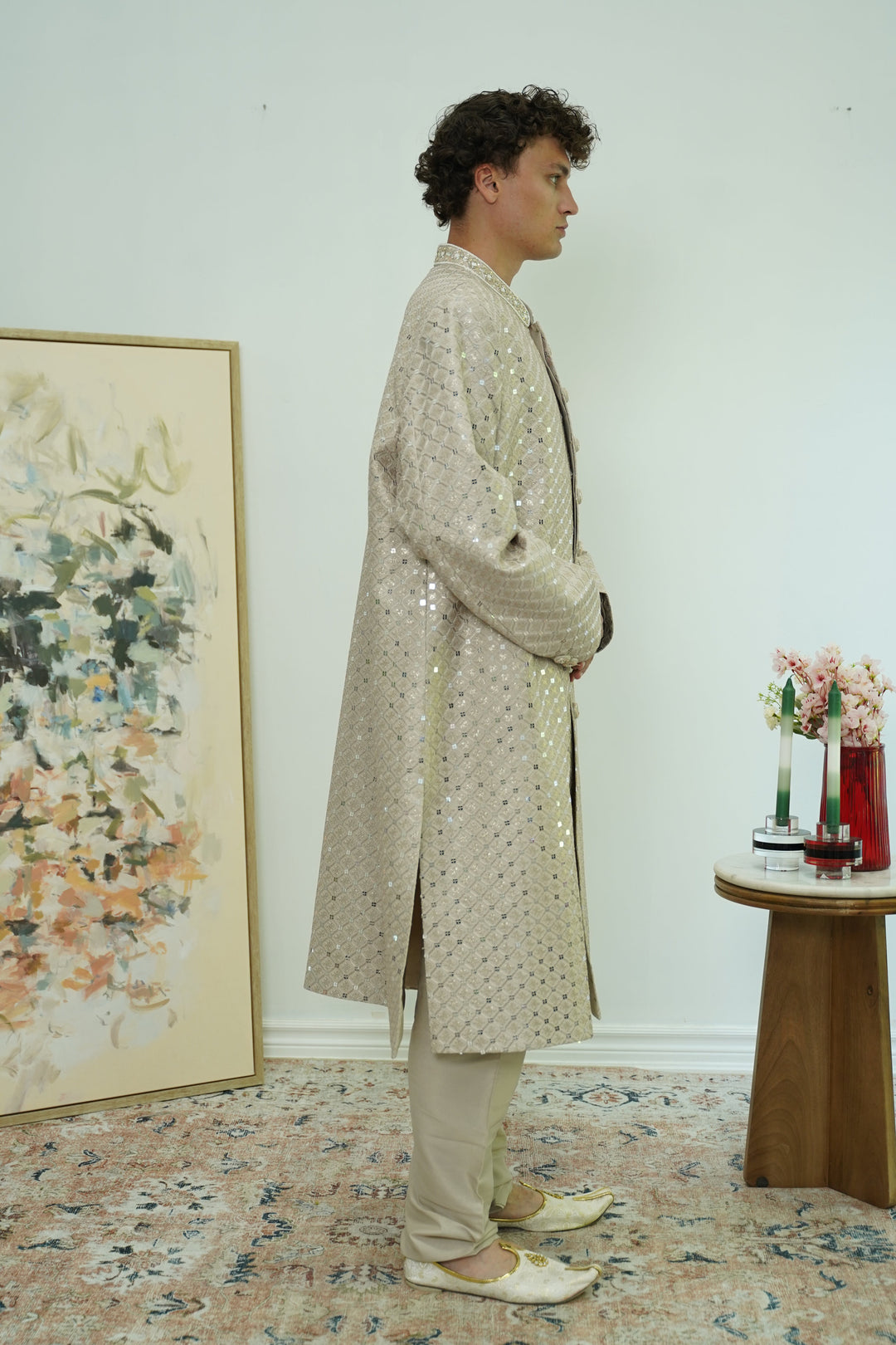 Champagne Mirrorwork Diamond Sherwani Set