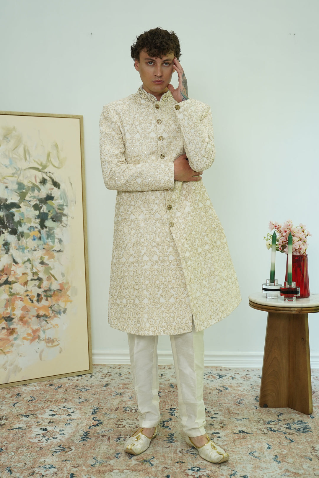 Classic Ivory Brocade Sherwani Set