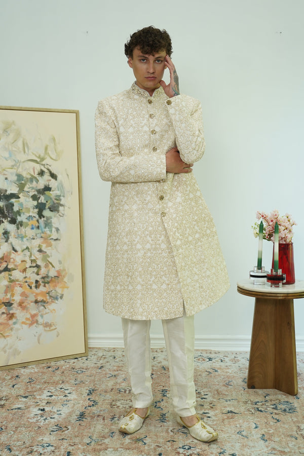 Classic Ivory Brocade Sherwani Set