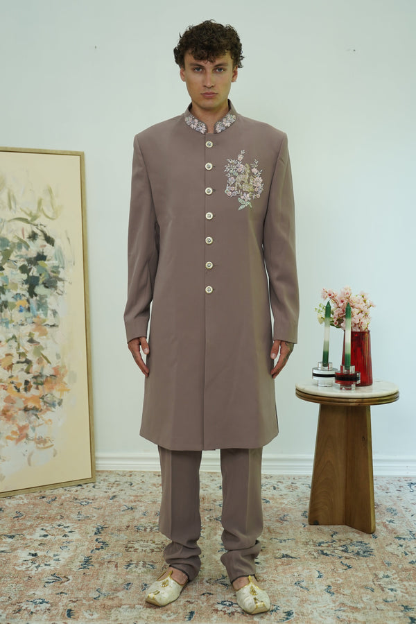 Dusty Mauve Embroidered Collar Sherwani Set