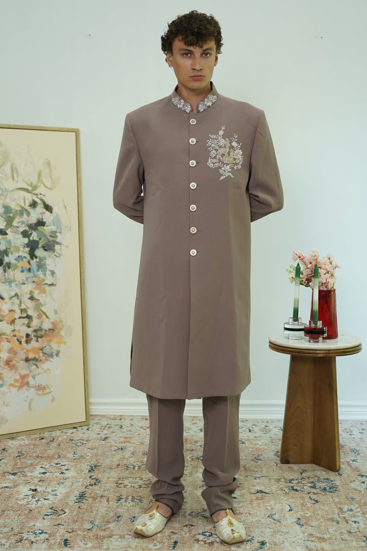 Dusty Mauve Embroidered Collar Sherwani Set