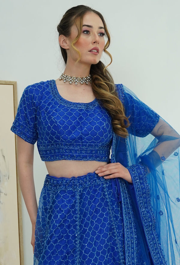 Electric Blue Mirror-Embroidered Lehenga Set