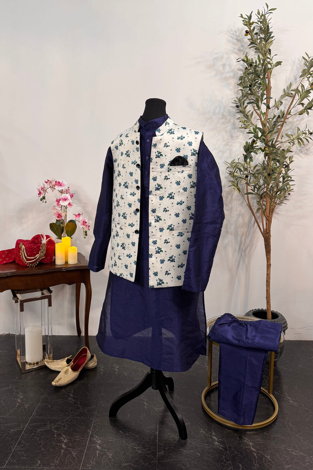 Dark Blue Kurta Pajama with Nehru Jacket
