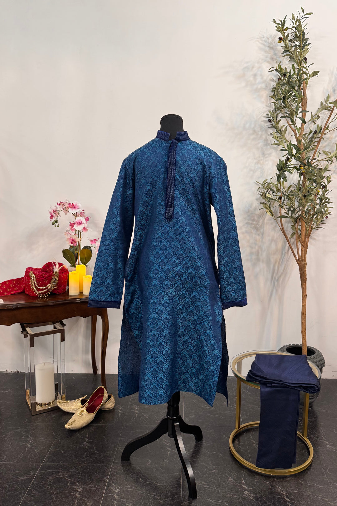 Aqua Blue Brocade Kurta Pajama (Outside Ontario)
