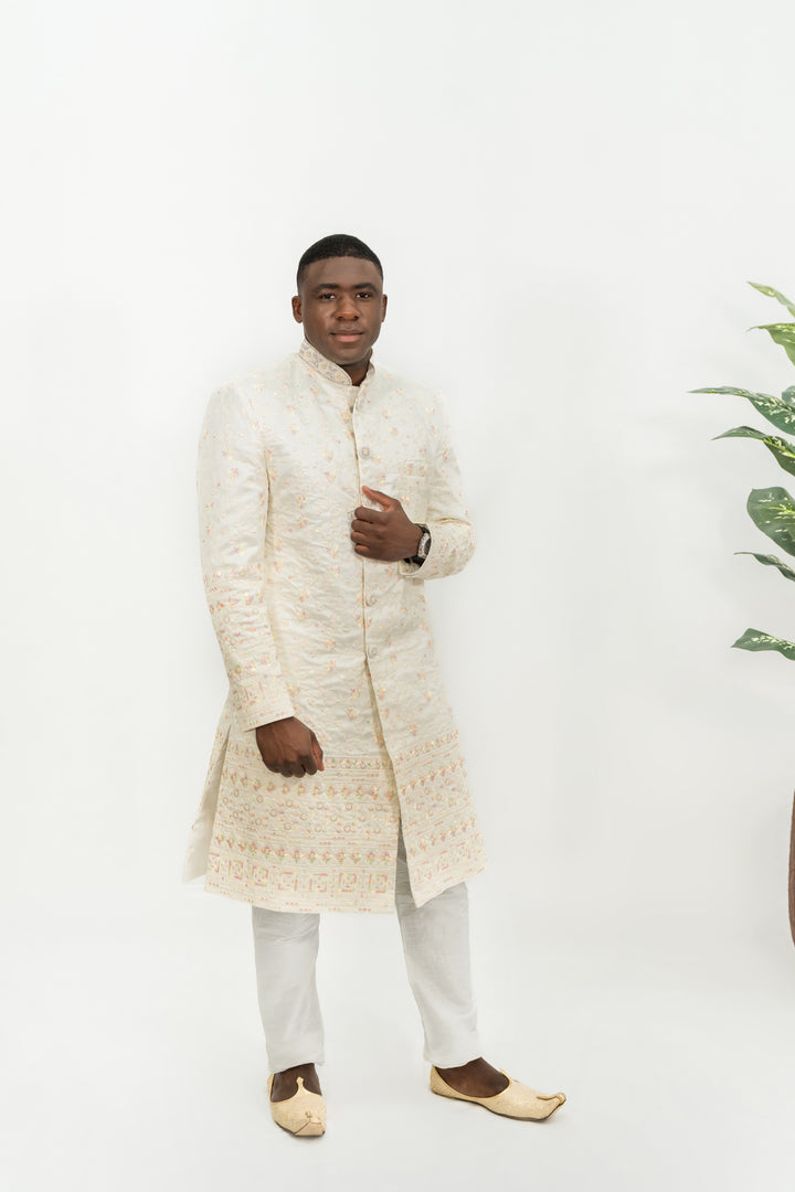 Off-White Floral Embroidered Sherwani