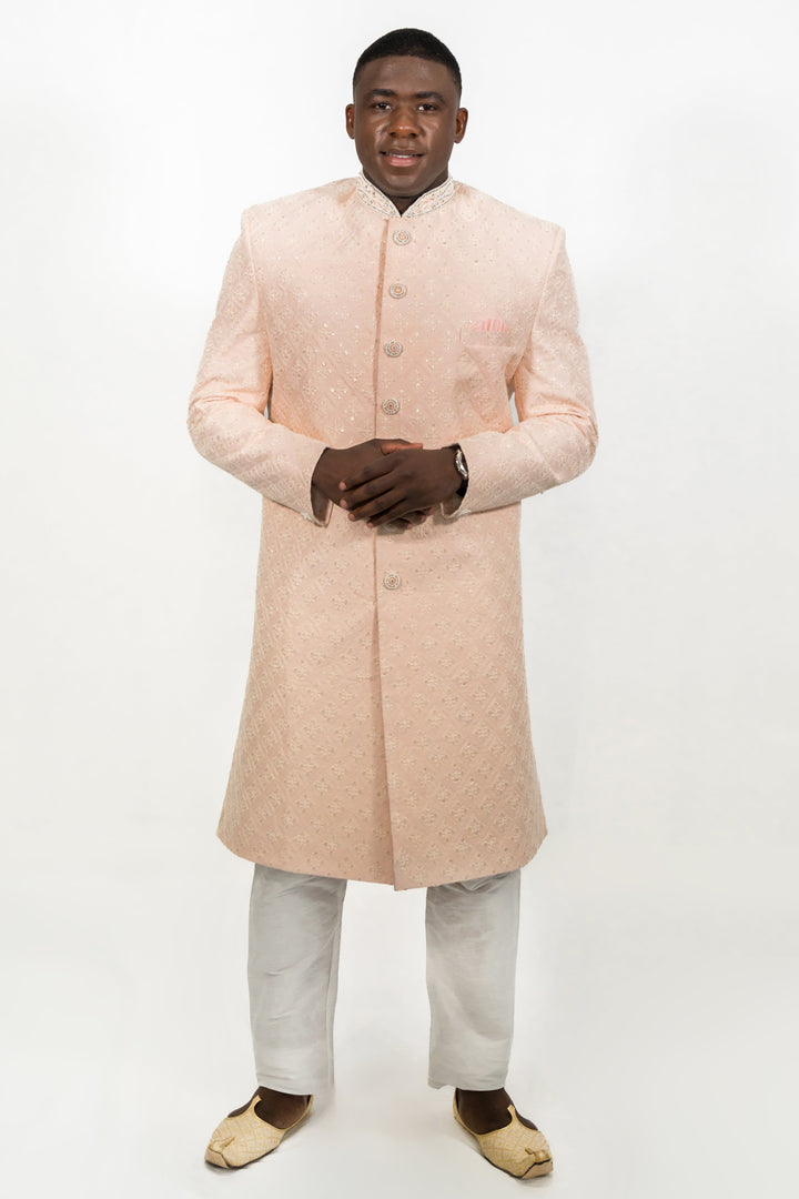 Soft Pastel Peach Embroidered Sherwani
