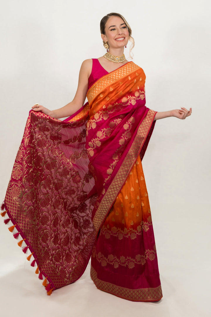 Deep Fuchsia Pink Floral Embroidered Saree