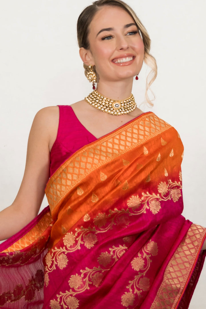 Deep Fuchsia Pink Floral Embroidered Saree