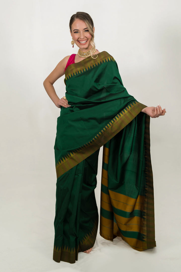 Forest Green Striped Silk Saree