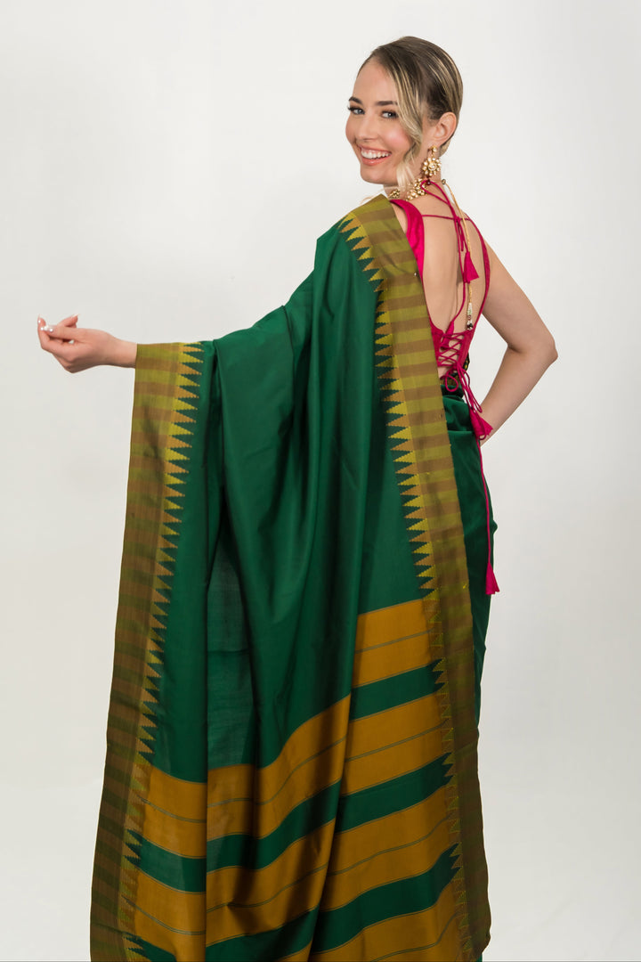 Forest Green Striped Silk Saree