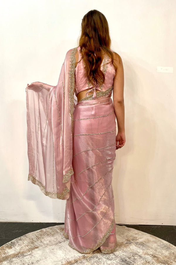 Glass tissue blush pink Saree