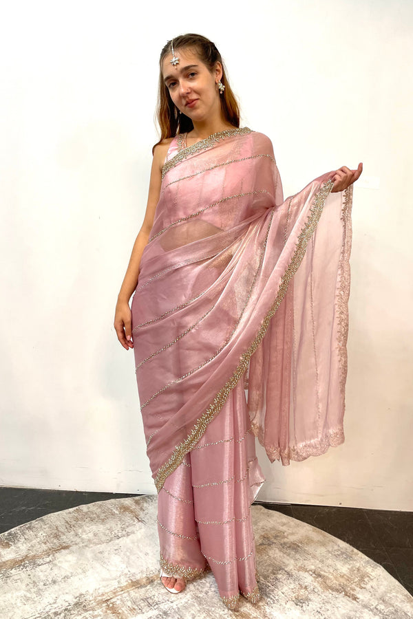 Glass tissue blush pink Saree