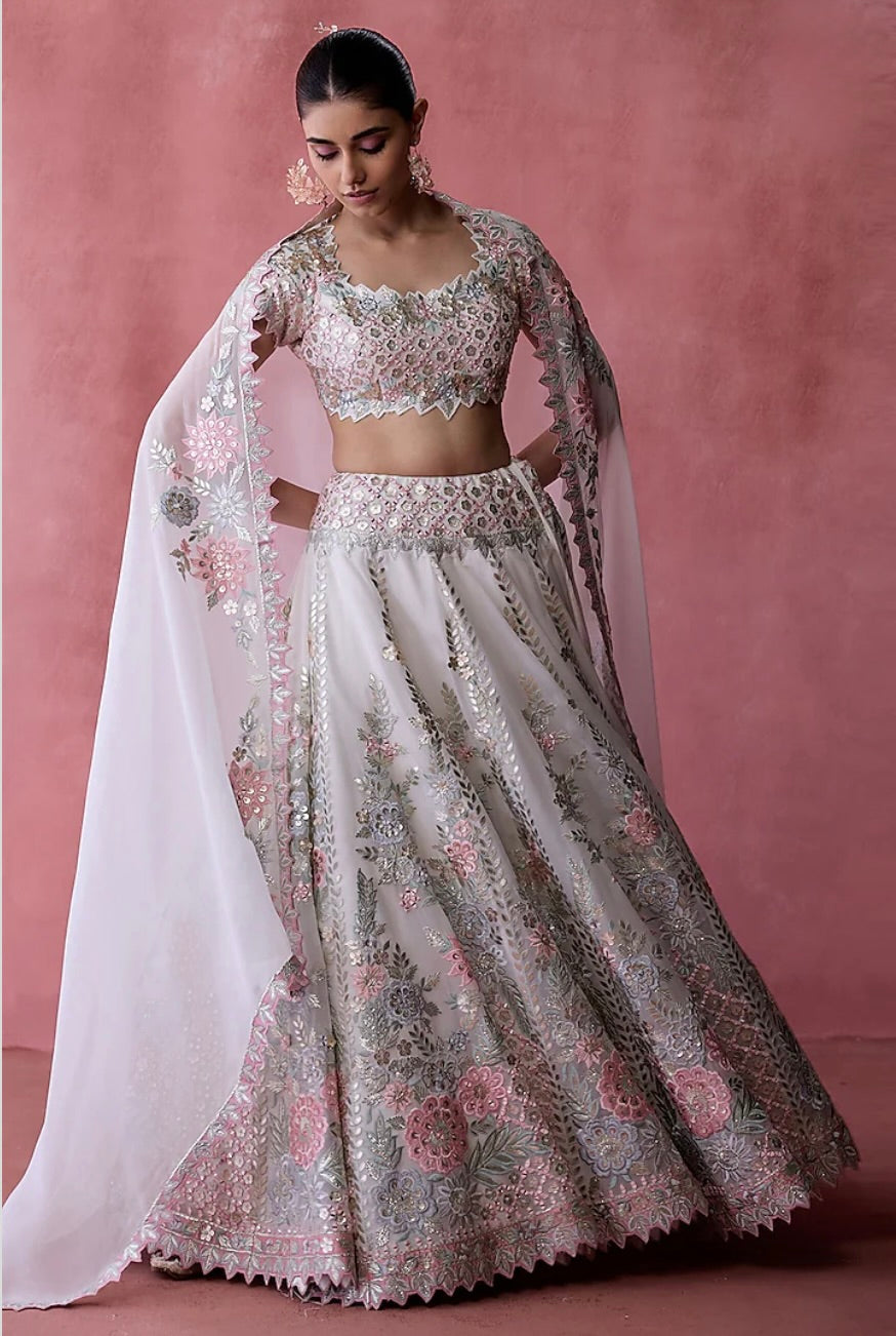 White Organza Gota & Resham Embroidered Lehenga Set by Suhino