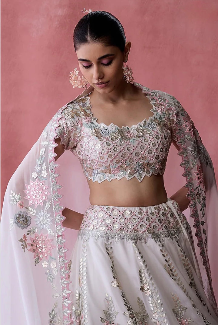 White Organza Gota & Resham Embroidered Lehenga Set by Suhino