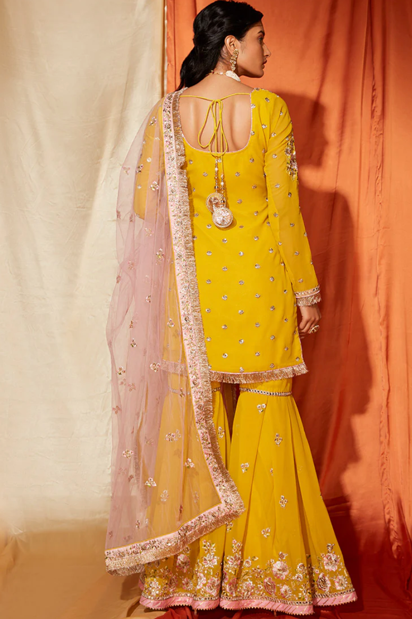 Mustard & Blush Pink Georgette Gharara Suit (Outside Ontario)
