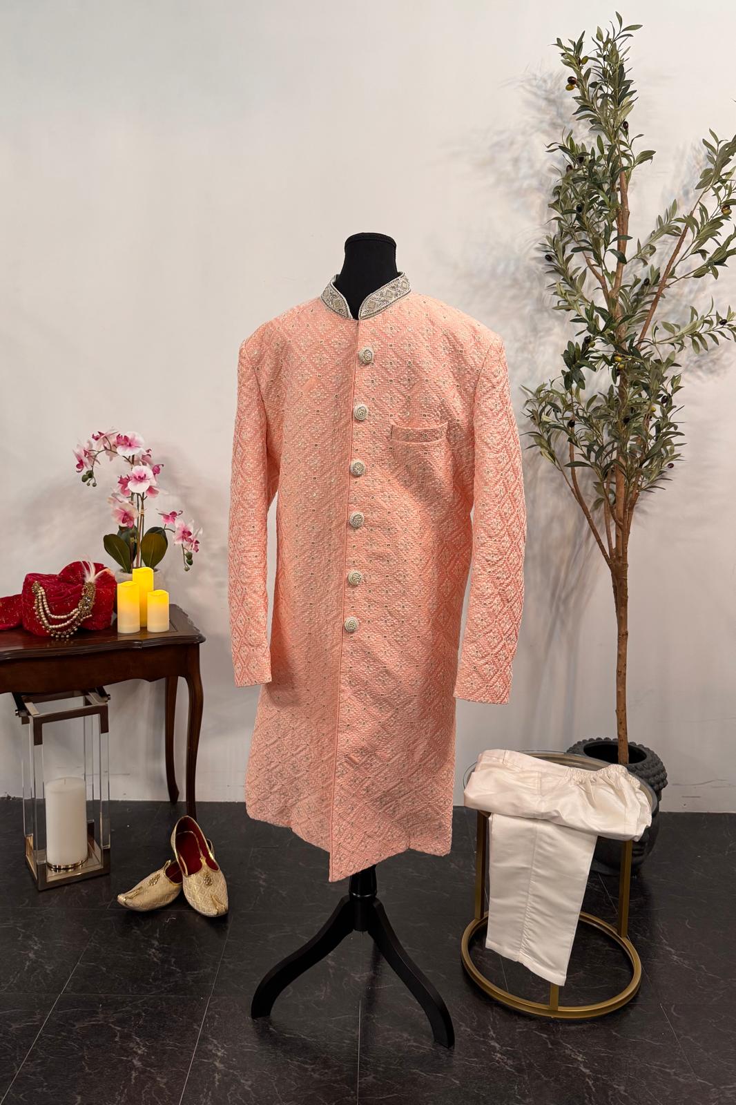Peachy Pink Embroidery Sherwani