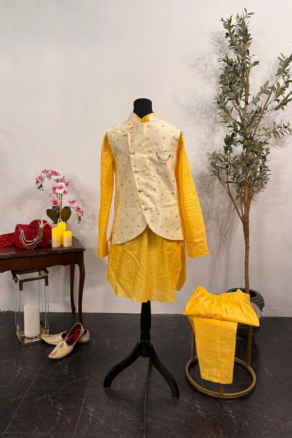 Chirpy Yellow Kurta Pajama with Nehru Jacket