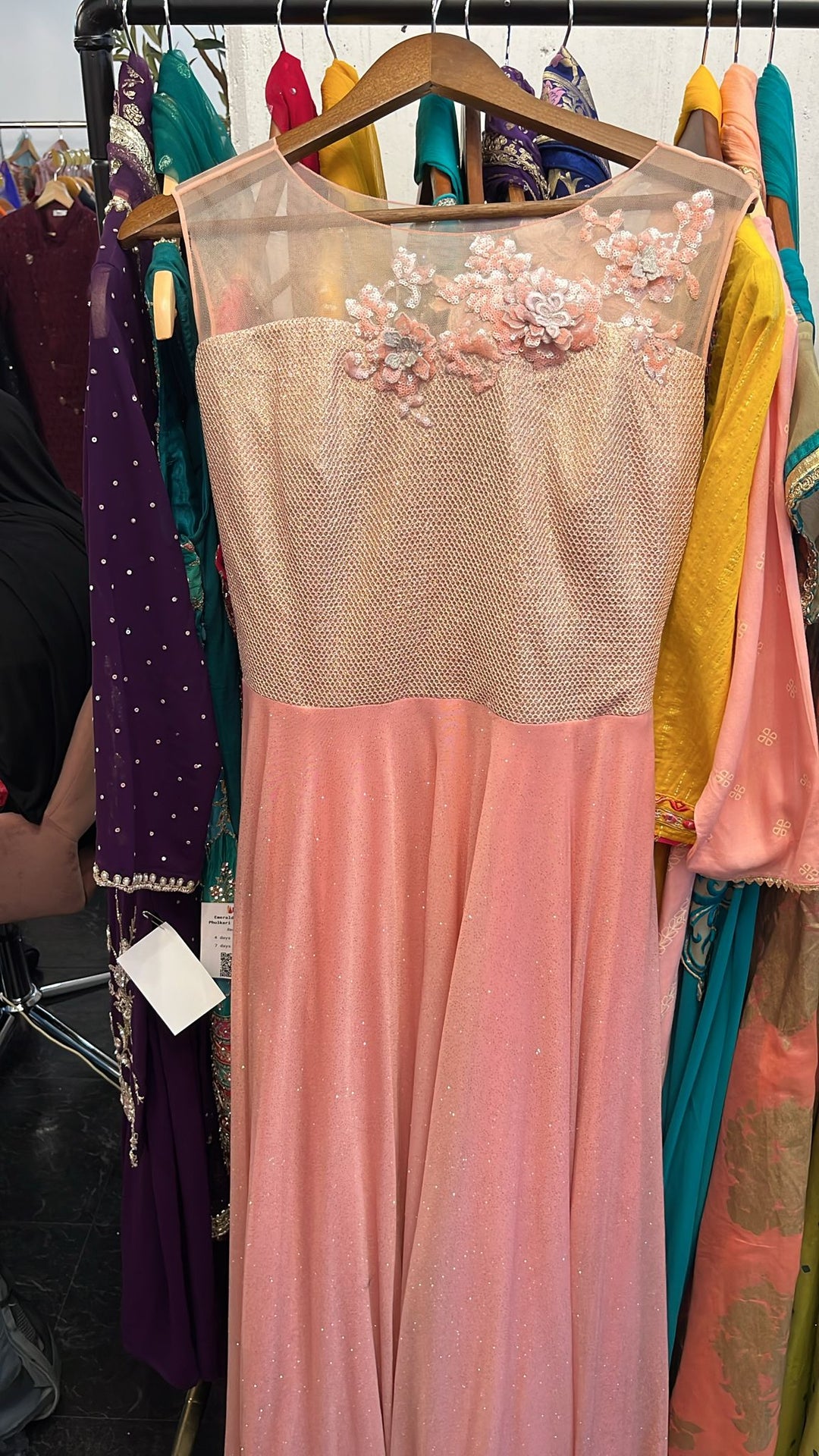 Blush Peach Gown with Floral Net Yoke