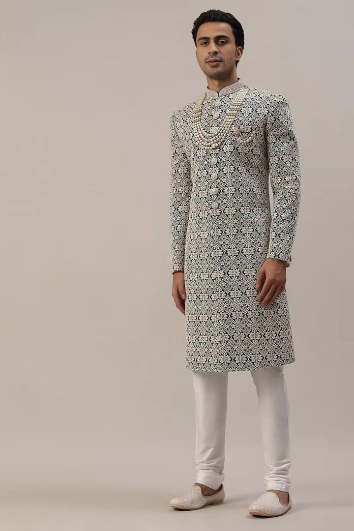 Teal Green Embroidered Sherwani with Layered Mala