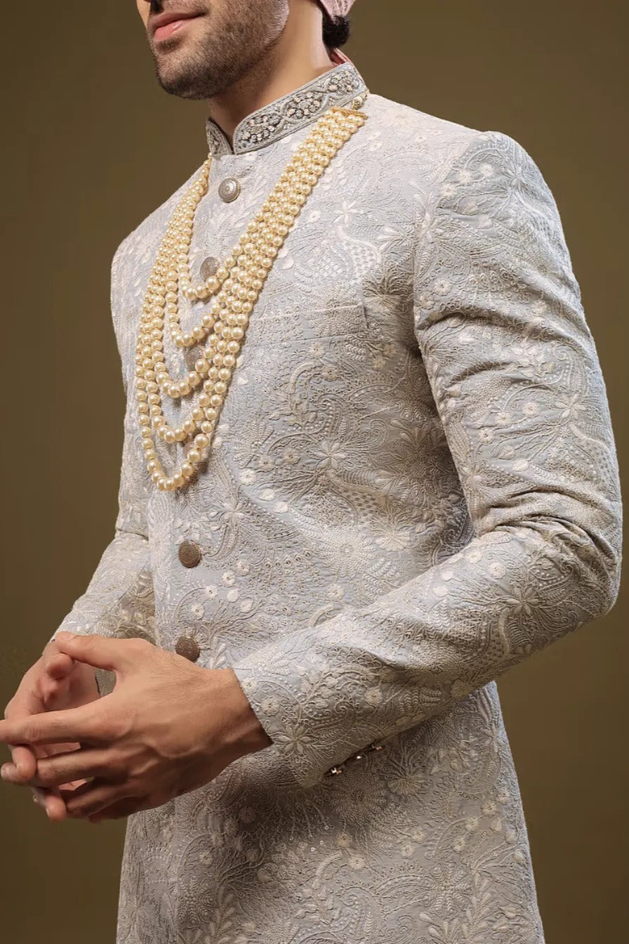 Baby Blue Silk Sherwani with Zari and Sequin Embroidery