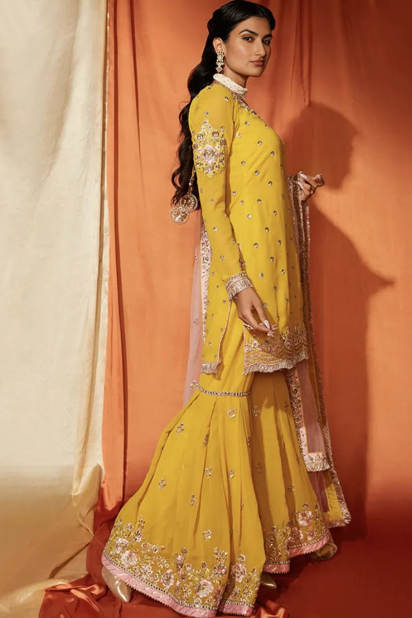 Mustard & Blush Pink Georgette Gharara Suit (Outside Ontario)